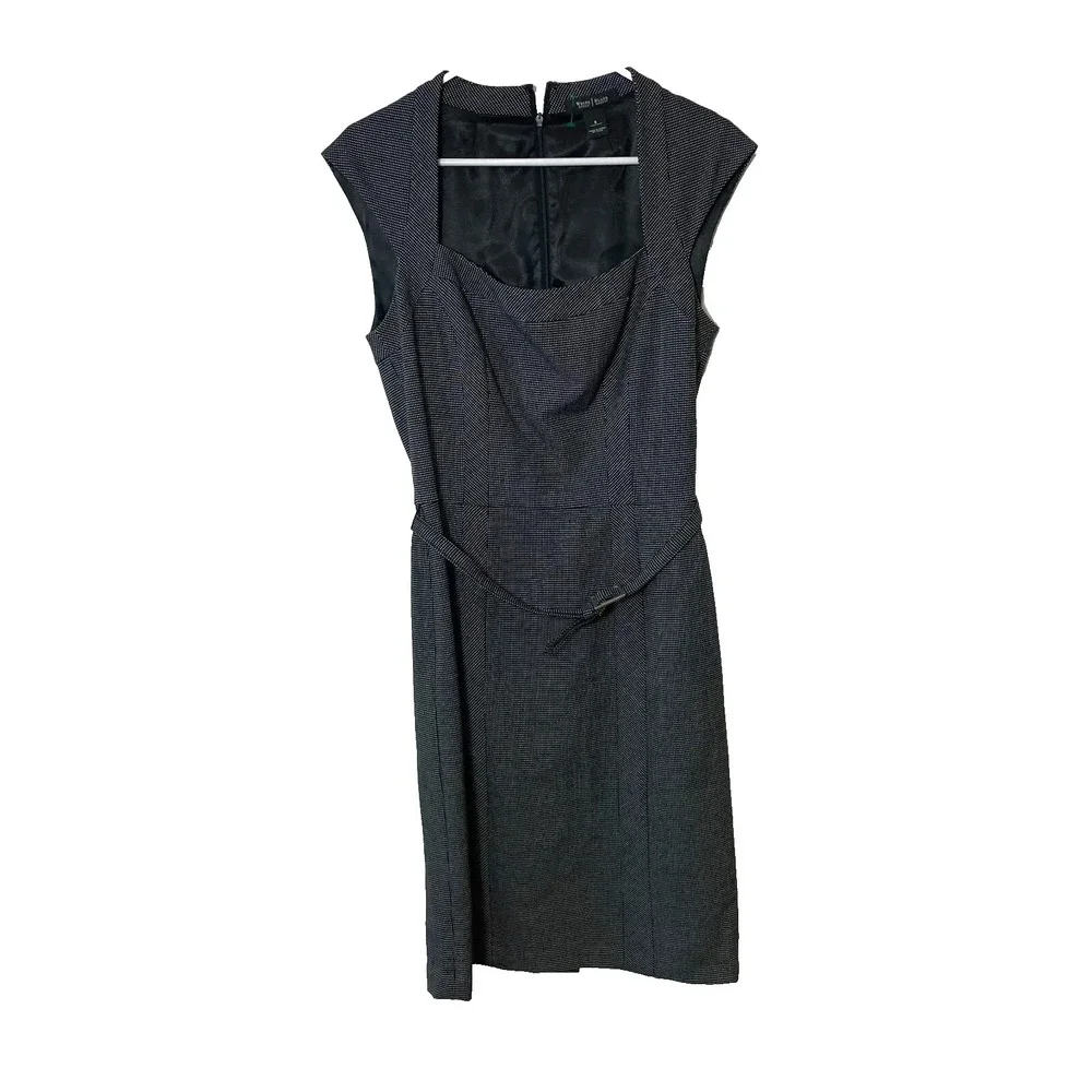 White House Black Market Sheath Dress Womens 8 Black Polka Dot Belted‎ Career